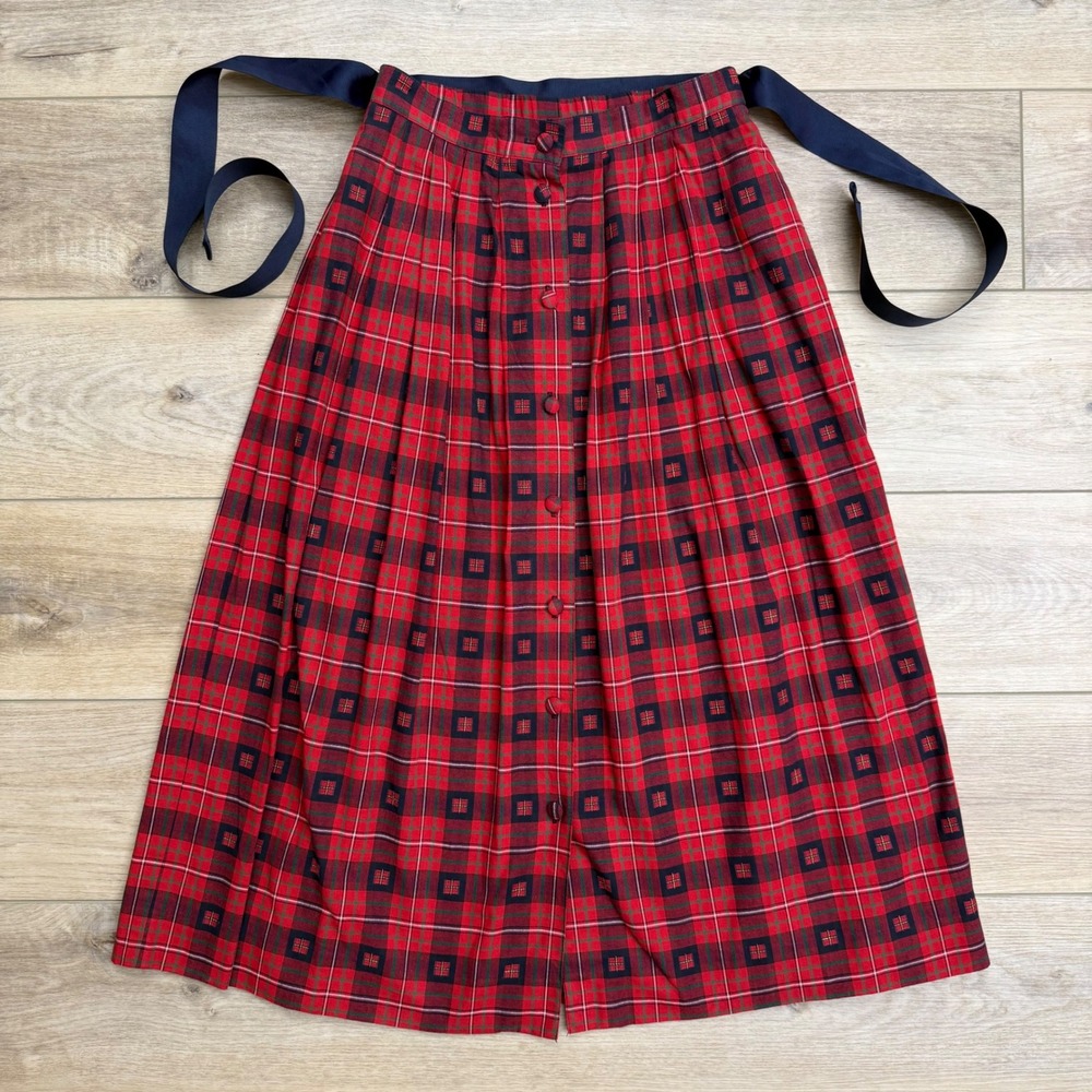 Vintage Susan Bristol‎ Pleated Plaid Midi Skirt Twee Academia Buttons Red Tartan